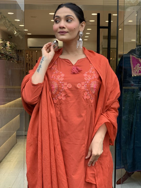 Festive embroidered kurti pant dupatta set in breathable cotton