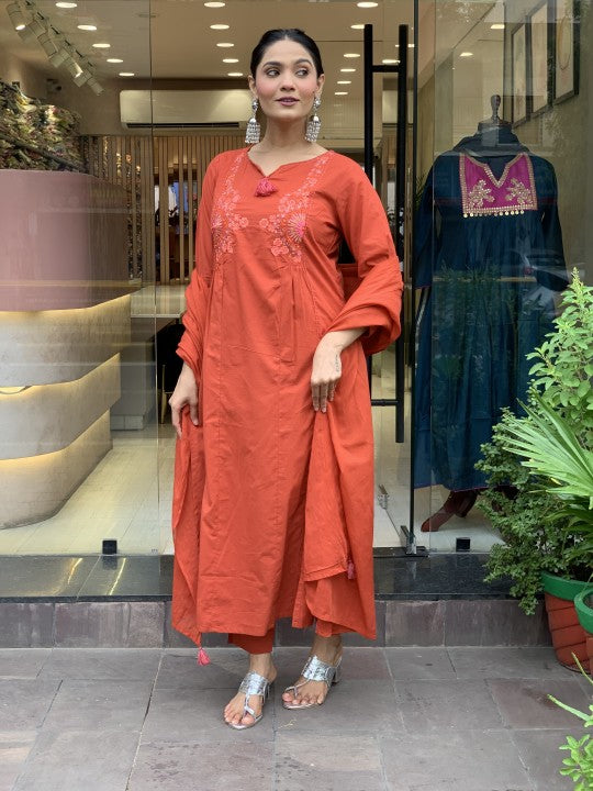 Elegant embroidered A-line kurti with pant and dupatta