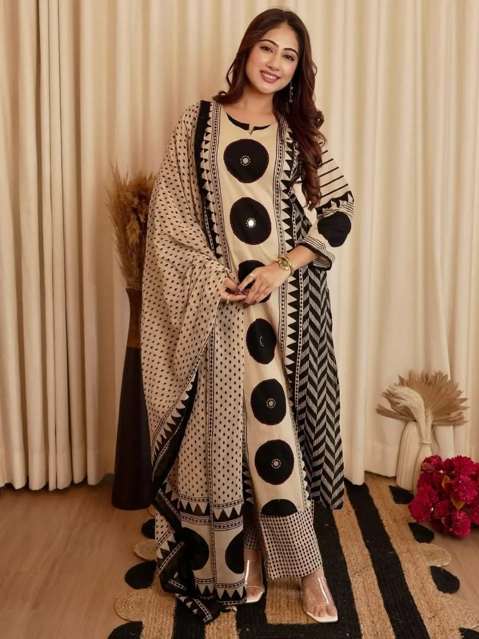 Pure cotton Ajrakh suit with subtle mirror work kurta