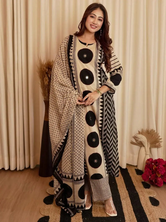 Pure cotton Ajrakh suit with subtle mirror work kurta