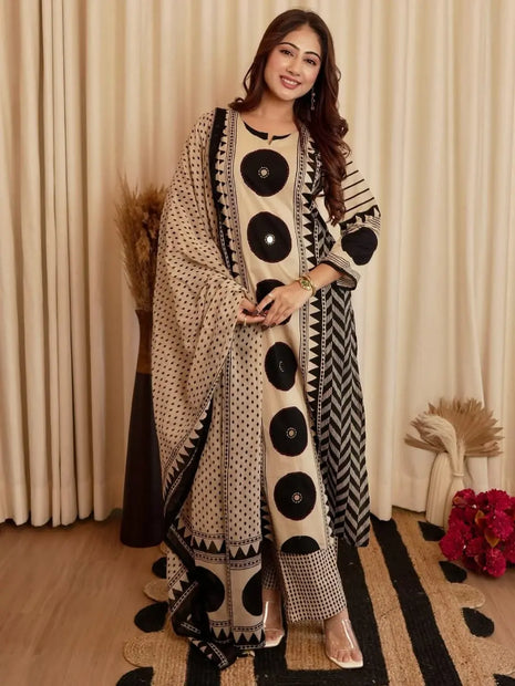 Pure cotton Ajrakh suit with subtle mirror work kurta