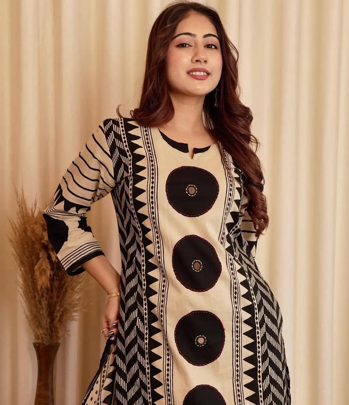 Handblock printed Ajrakh cotton suit with side pocket