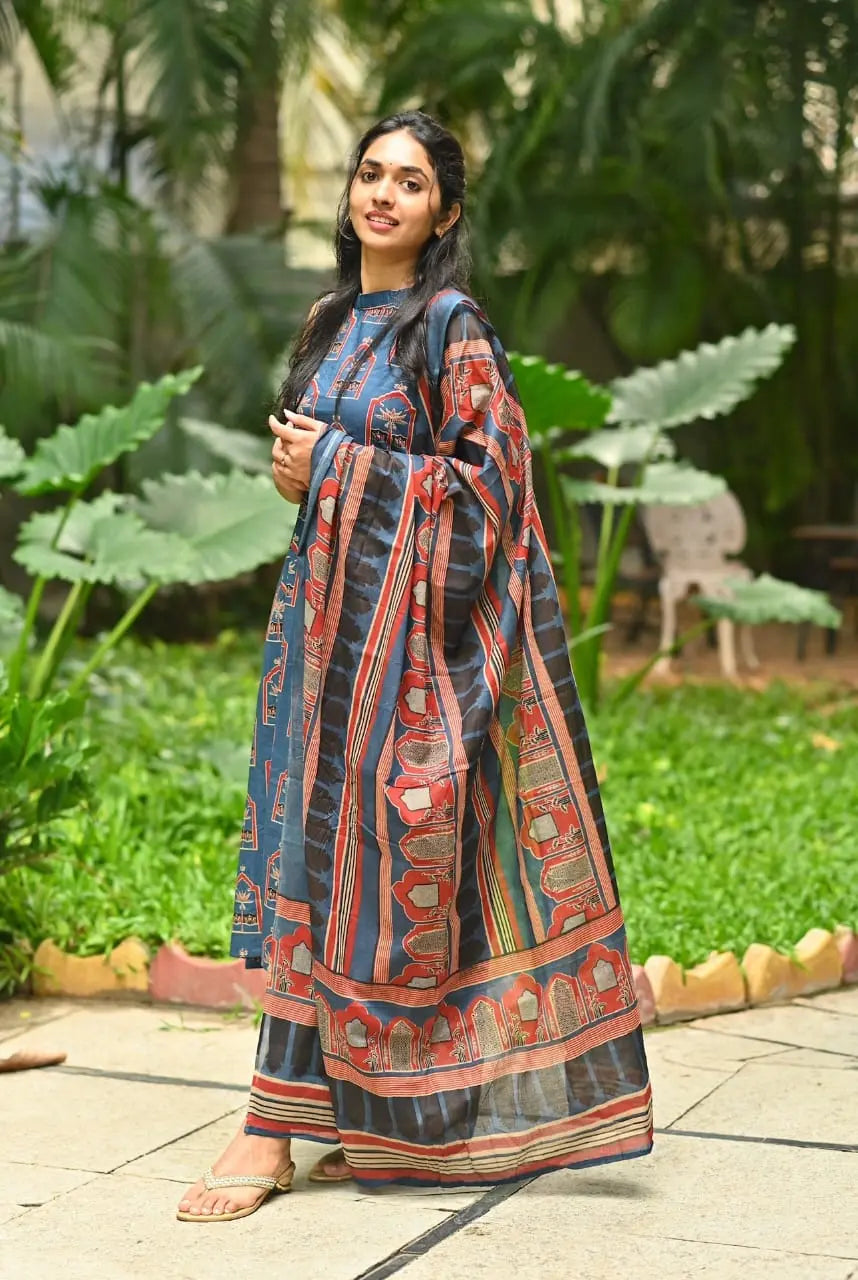 Ajrakh printed organic cotton A-line suit set with dupatta