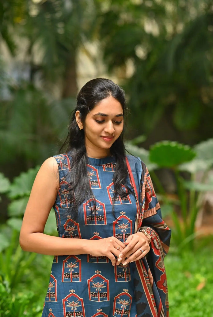 Halter neck Ajrakh print kurti and palazzo for women