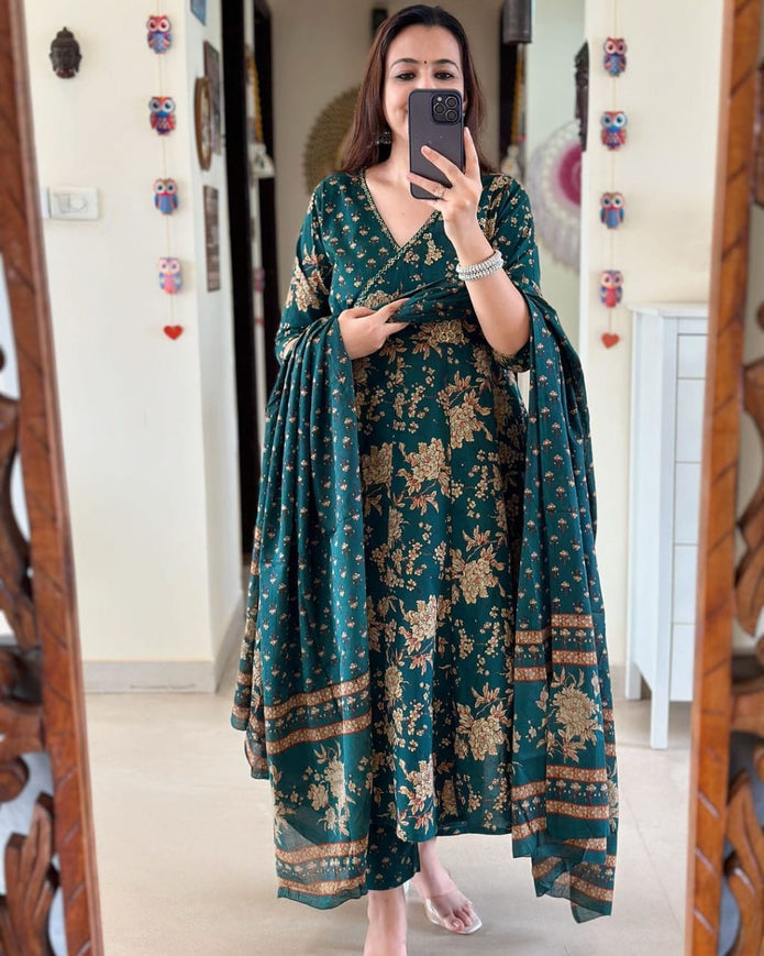 Full flared kurta with printed dupatta displayed