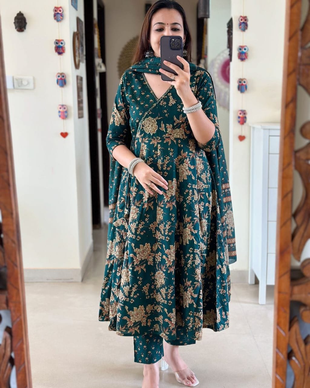 Front view of Anarkali Angrakha kurta set with tassels