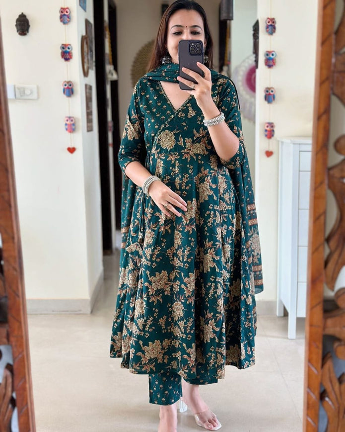Front view of Anarkali Angrakha kurta set with tassels