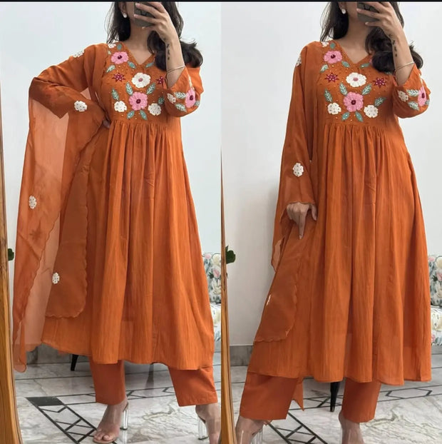 Embroidered Anarkali cotton kurta set with malmal dupatta