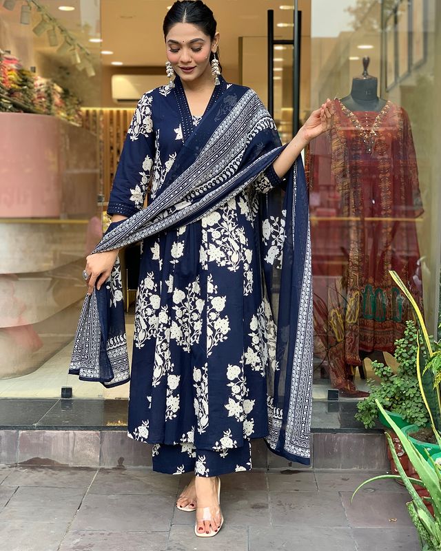 Embroidered Anarkali cotton suit set with plazo and dupatta


