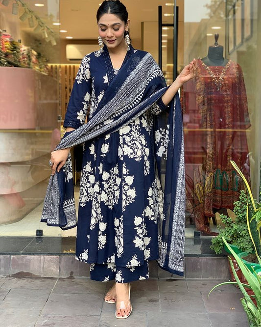 Embroidered Anarkali cotton suit set with plazo and dupatta

