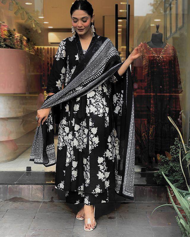 Pure cotton Anarkali suit set with embroidery and plazo

