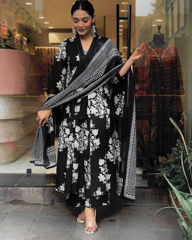 Pure cotton Anarkali suit set with embroidery and plazo

