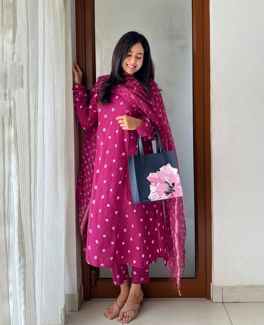Printed Cotton Anarkali Dress with Pant & Dupatta