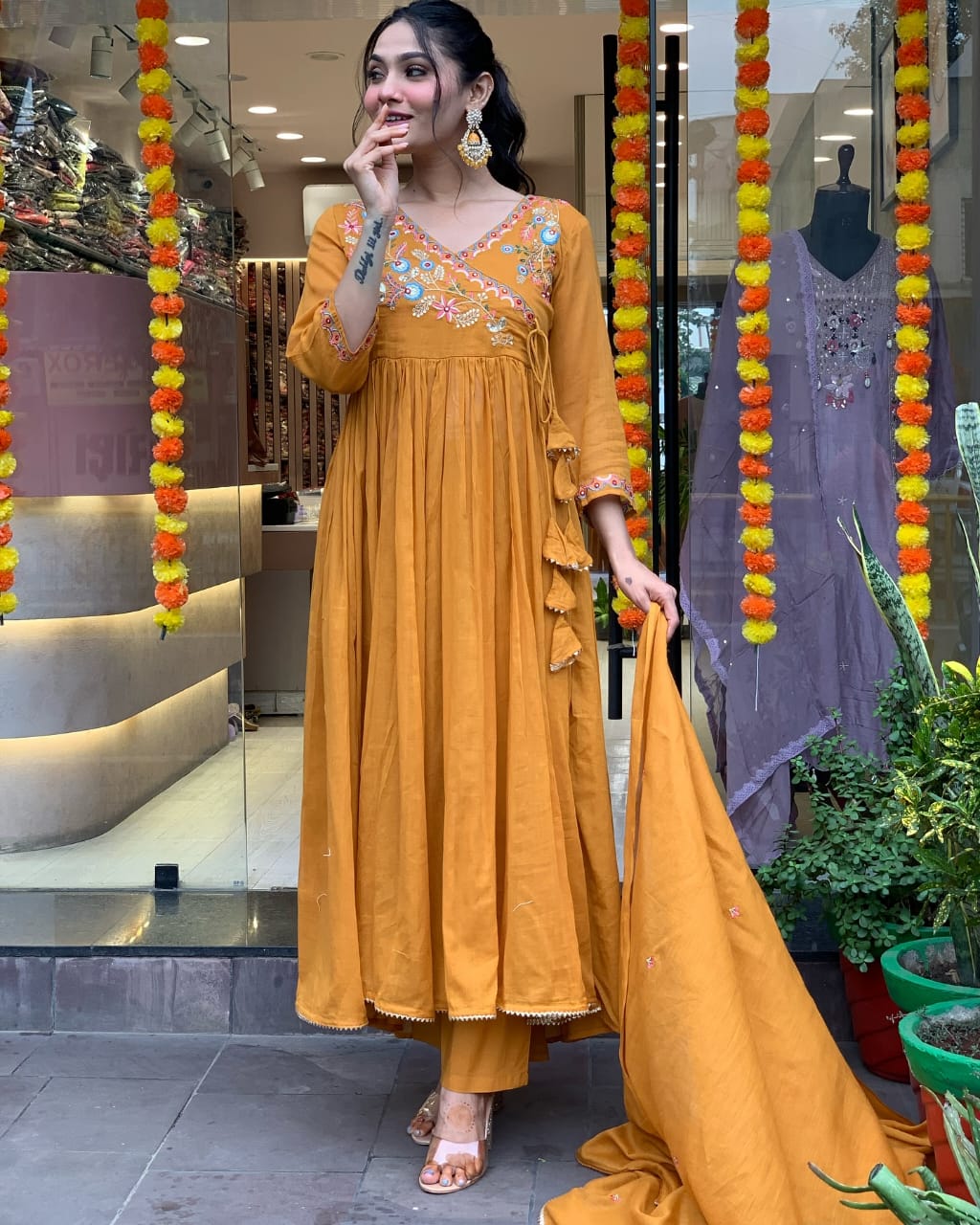 Embroidered Anarkali kurti with pants and dupatta

