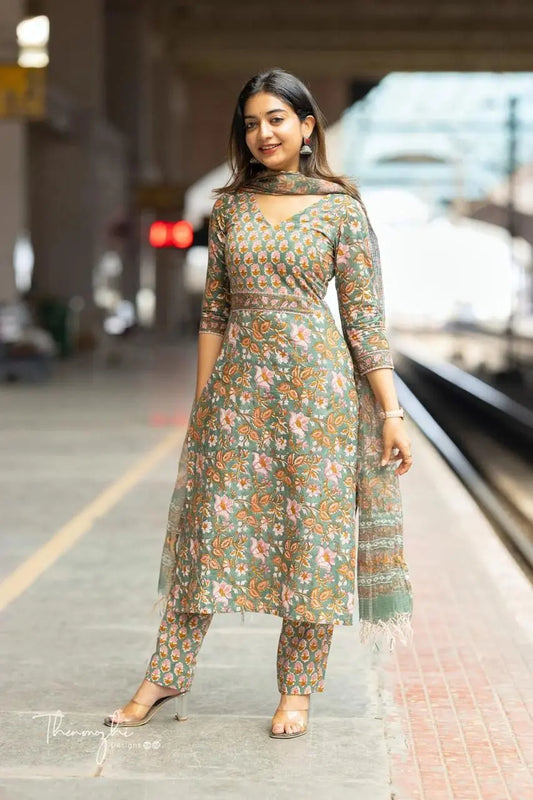 Designer cotton frock-style kurti with pant and dupatta

