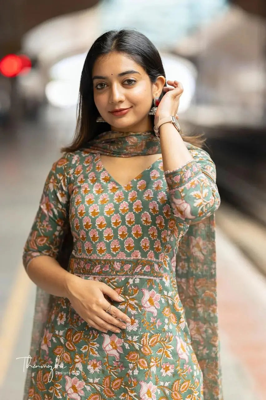 Front view of festive cotton kurti pant set for women

