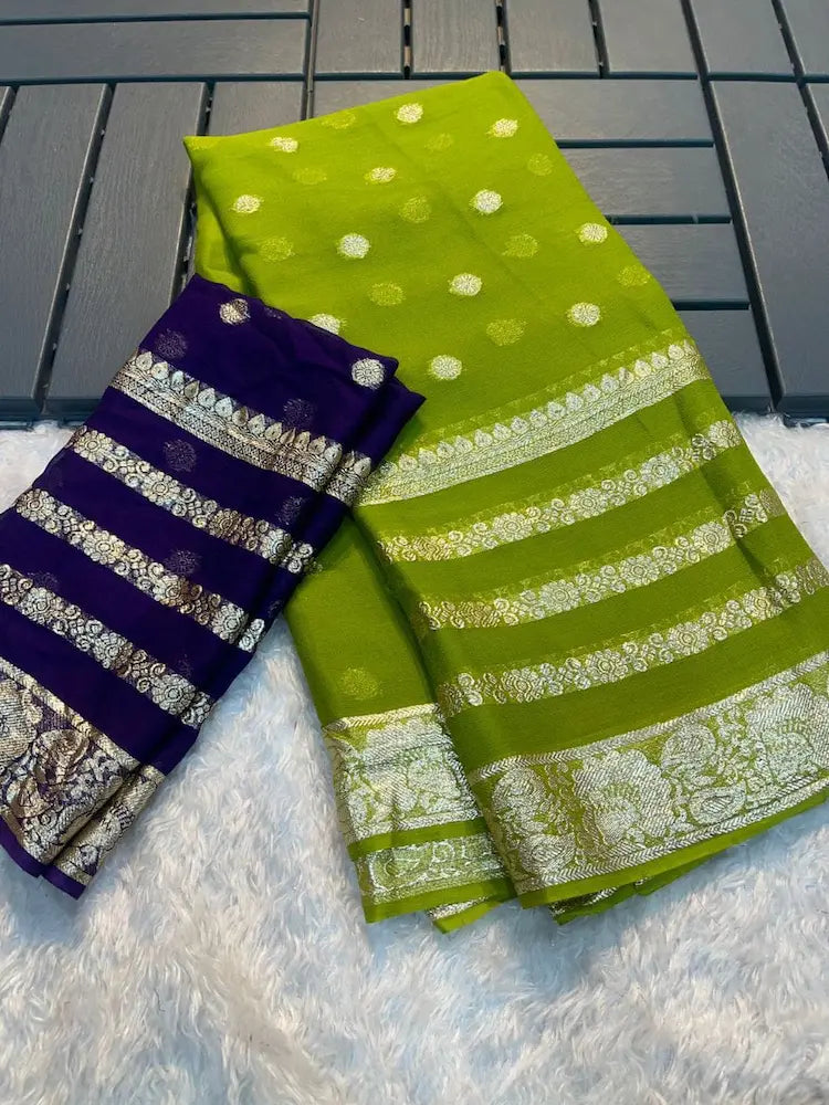 Royal zari border georgette saree with contrasting blouse