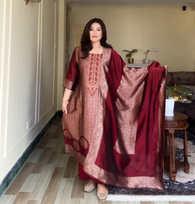 Pure Banarasi suit set with jacquard zari dupatta and matching pant