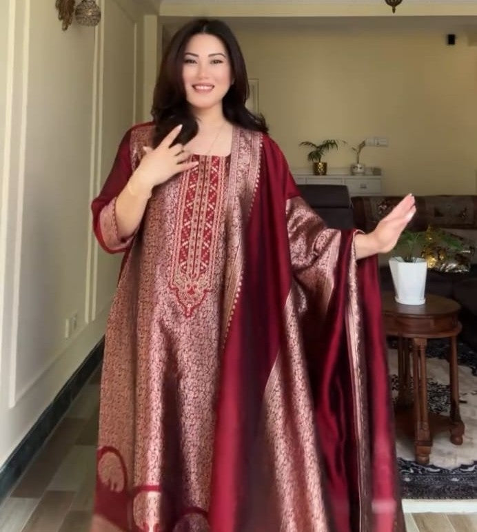 Banarasi jacquard top pant set with cotton lining and dupatta