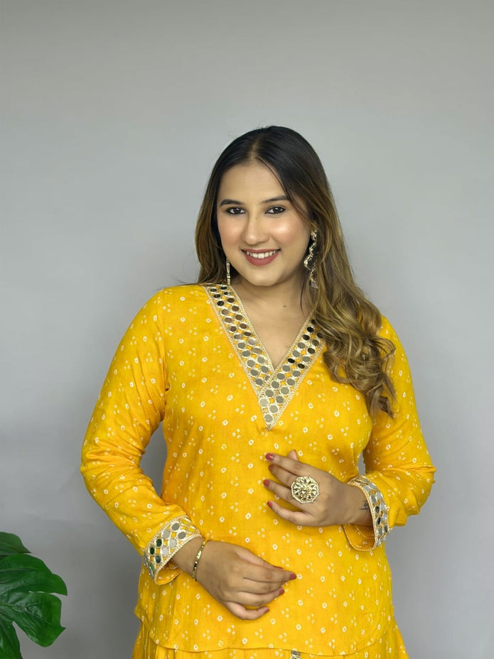 Rangriti Bandhani Mirror Work Dhoti Style Co-Ord Set