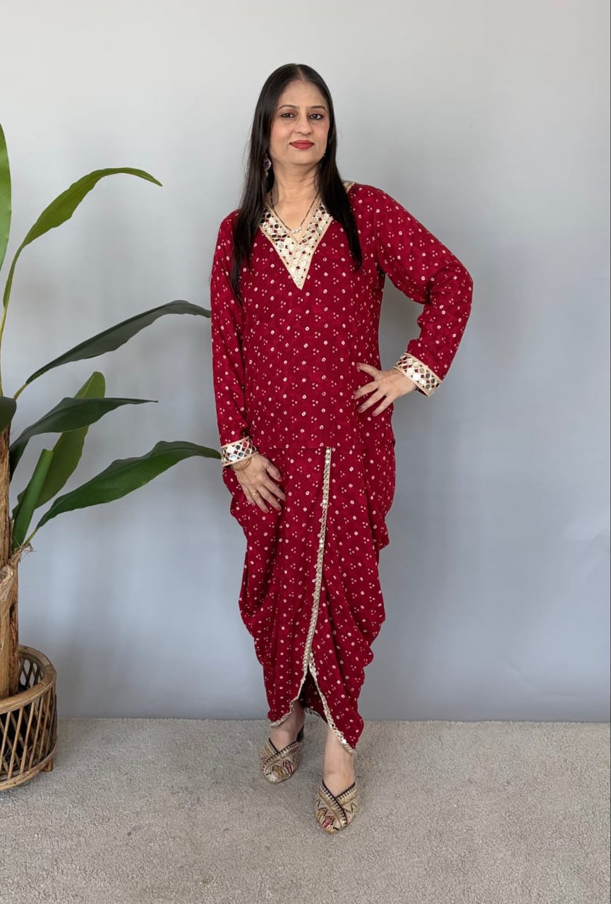 Mirror Work Bandhani Dhoti Style Outfit