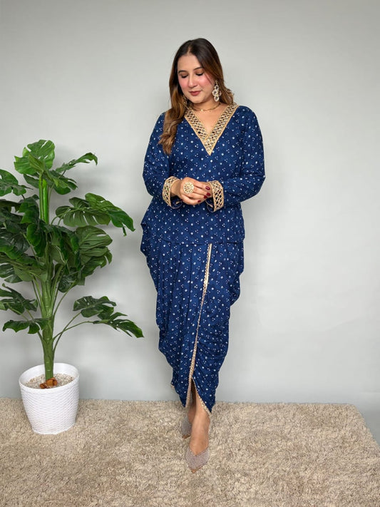 Bandhani Print Dhoti Style Co Ord Set with Mirror Work