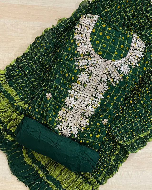 3-piece Bandhani suit material with kurti, pant, and dupatta fabric

