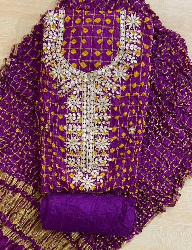Traditional Bandhej suit fabric set with gota detailing

