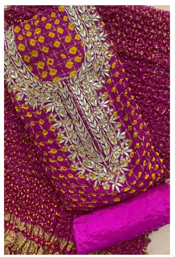 Bandhej print unstitched suit material with Gota Patti handwork

