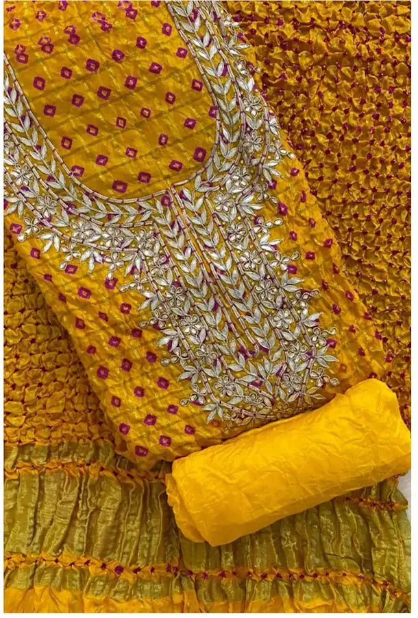 3-piece Bandhani suit material with kurti, pant, and dupatta fabric

