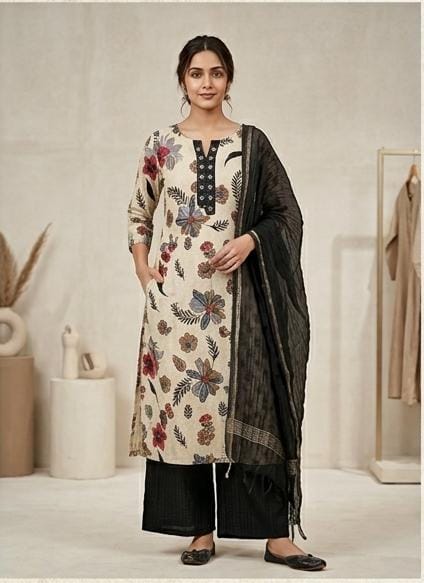 Beige floral cotton mix kurta with black palazzo and dupatta