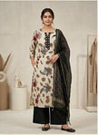 Beige floral cotton mix kurta with black palazzo and dupatta