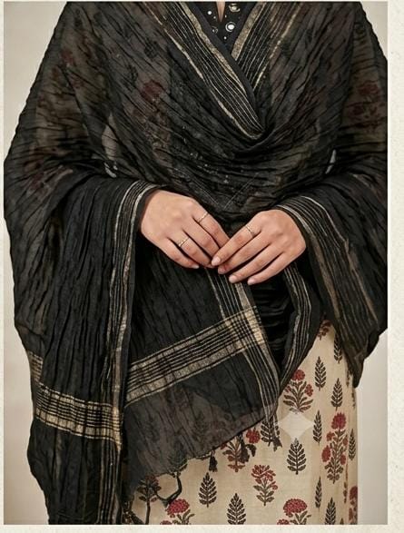 Women's three piece beige and black printed ethnic suit set