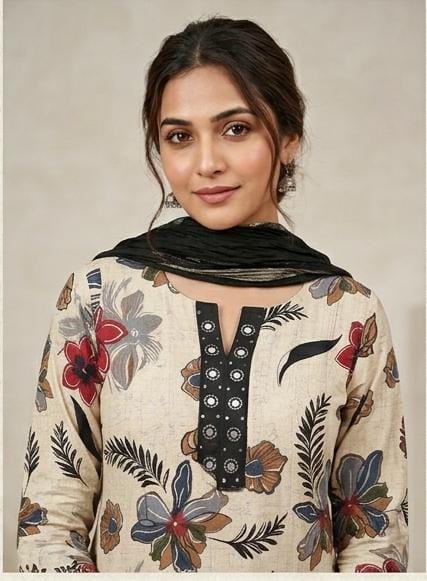 Floral beige kurta set with contrasting black palazzo pants