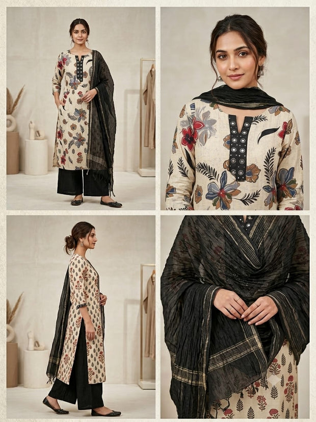 Beige black palazzo suit set for women with floral printed kurta