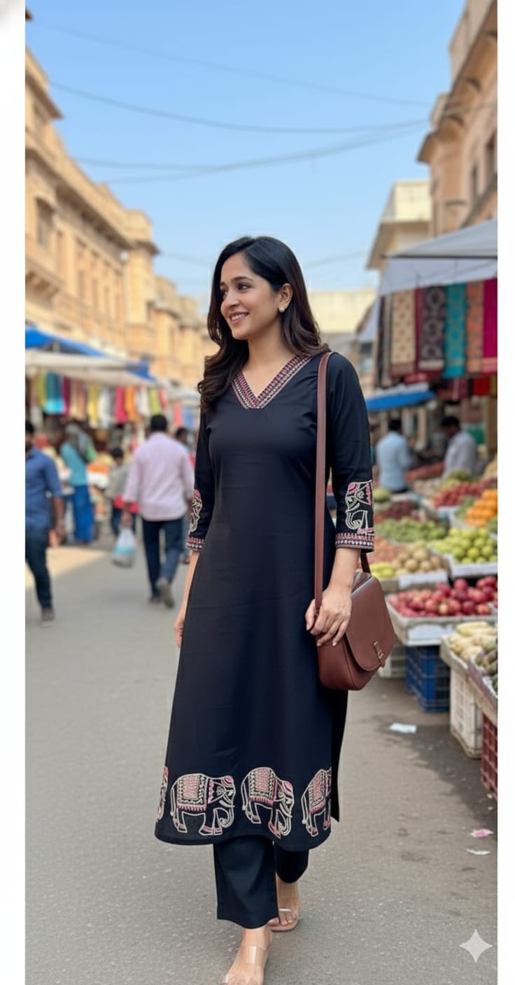 Handcrafted black cotton kurti set with sleeve embroidery