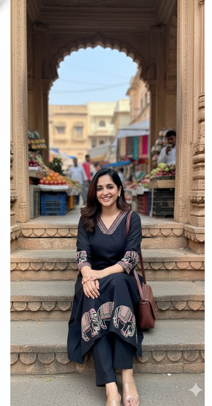 Black cotton embroidered kurta suit with animal print sleeves