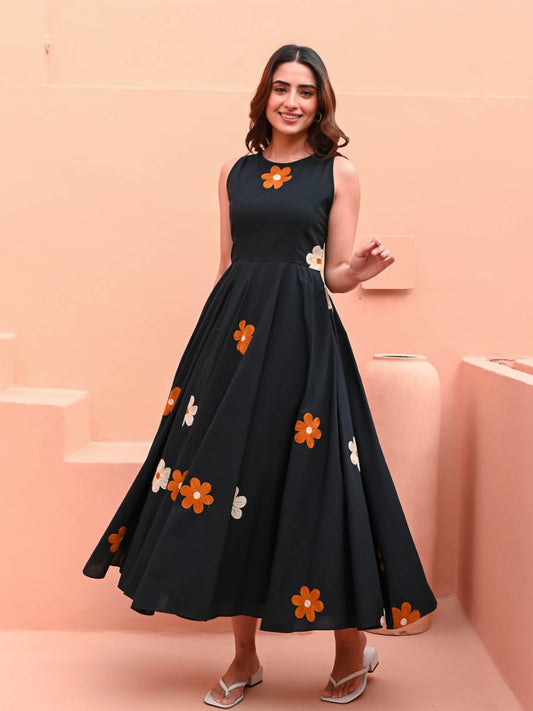 Black cotton midi dress with floral embroidery