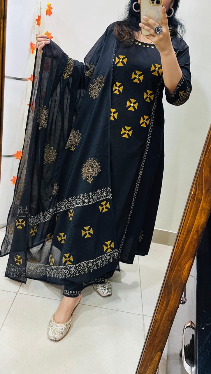 Premium block print cotton A-line suit with mirror work neckline