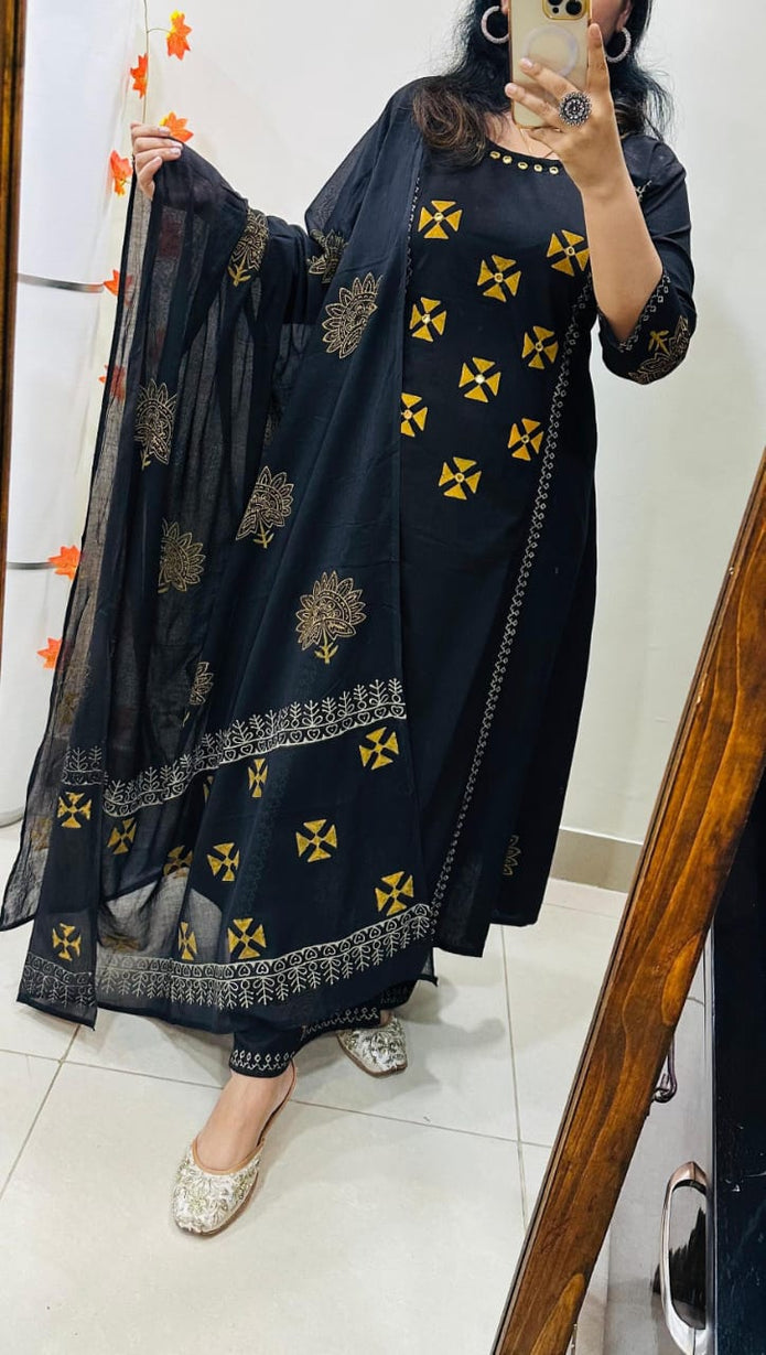 Premium block print cotton A-line suit with mirror work neckline