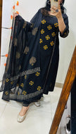Premium block print cotton A-line suit with mirror work neckline