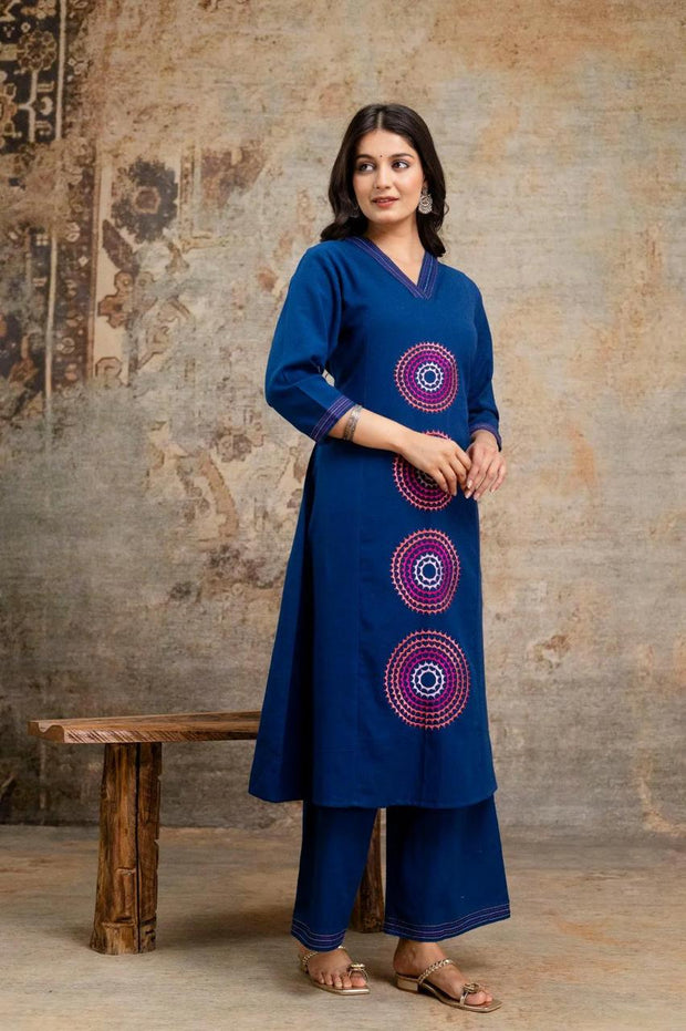 Blue cotton embroidered A-line kurti with pant