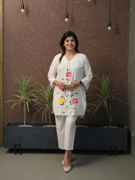 Brush print cotton flex kurti and pant Rakhi coord set

