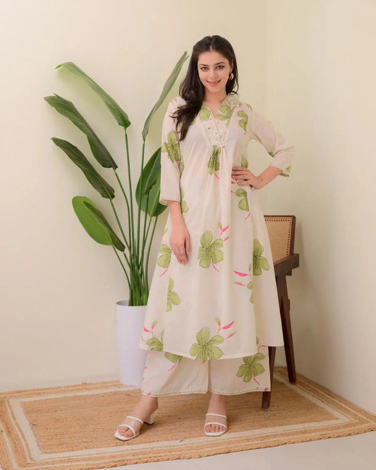 Brush printed cotton kurta with embroidery for women

