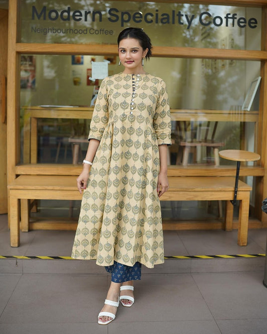 Cream buta print cotton kurti with pant set

