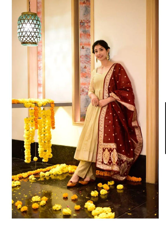 Chanderi cotton anarkali kurti with gota lace and malmal inner


