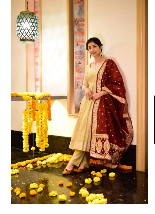 Chanderi cotton anarkali kurti with gota lace and malmal inner


