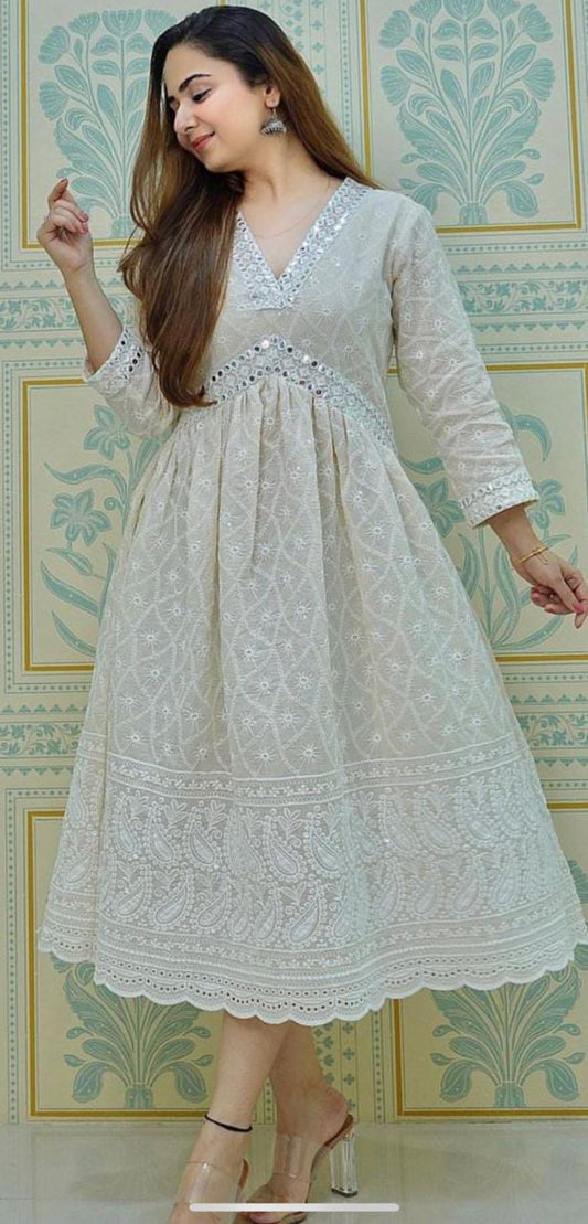 Chikankari Cotton Dress for Women with Mirror Work