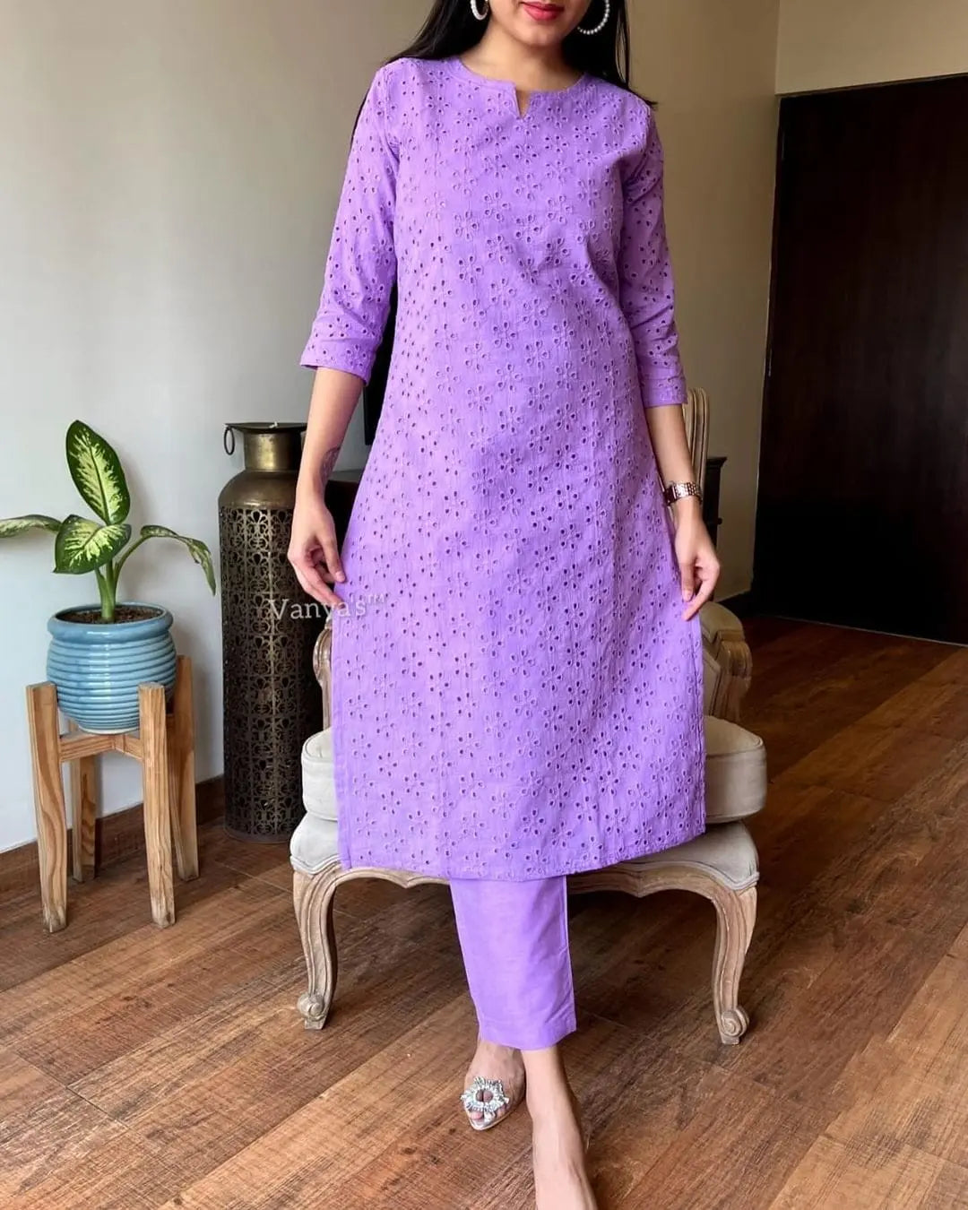 Chikankari-style cotton kurti and pant set with highlighted detailing