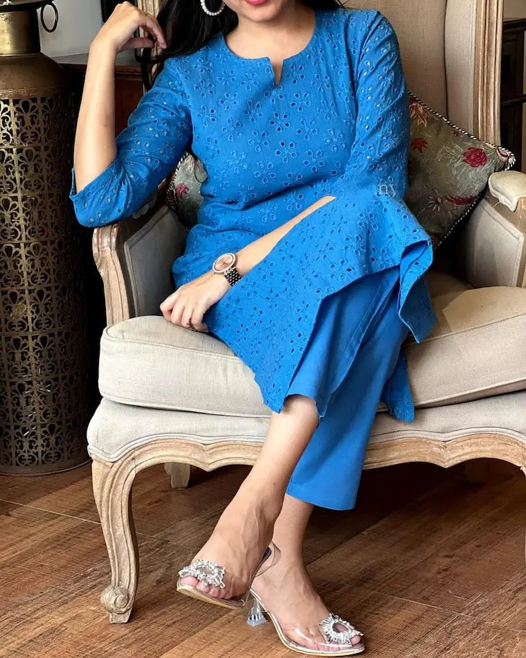 Designer cotton kurta pant set with Chikankari-inspired embroidery